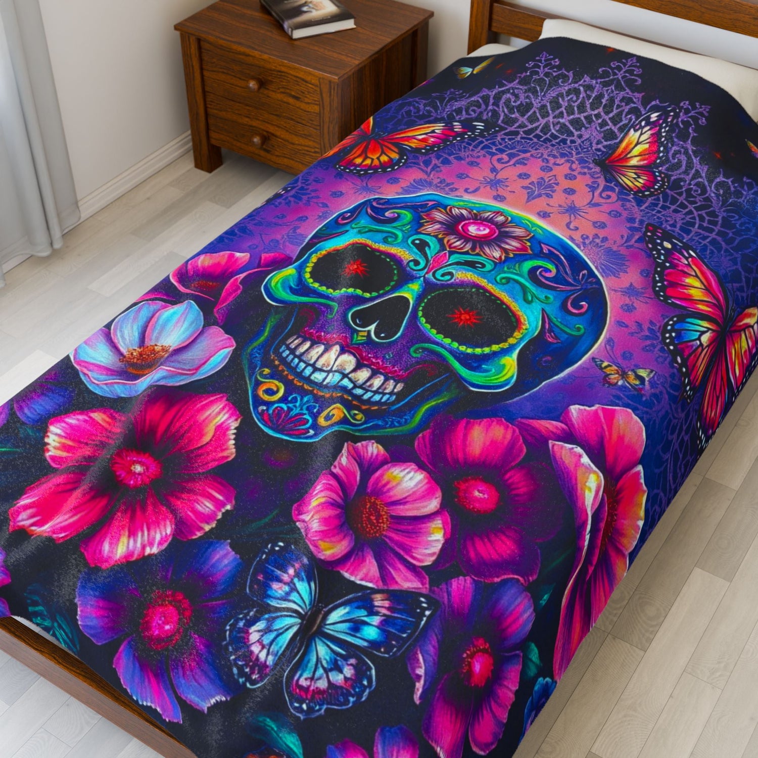 Gothic Plush Velveteen Blankets for Cozy Luxurious Comfort featuring vibrant floral and skull design for stylish warmth.