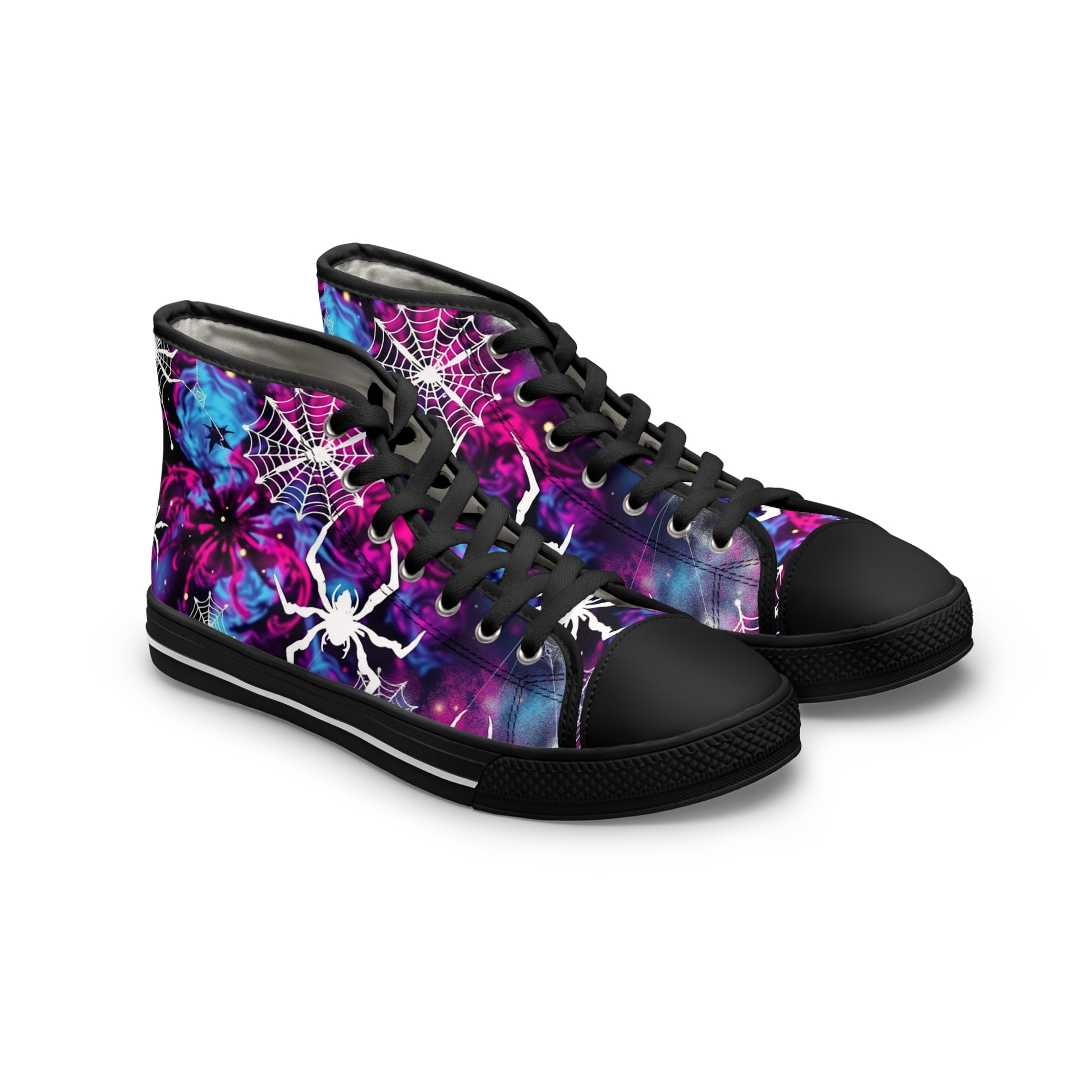 Cosmic Web Women's High-Top Sneakers - Embrace the Mystical Universe Within. ✨ Featuring a vibrant galaxy print and spiderwebs.