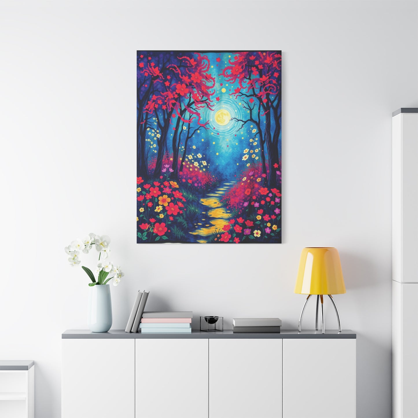 Crimson Bloom Moonlit Trail Canvas Art Print