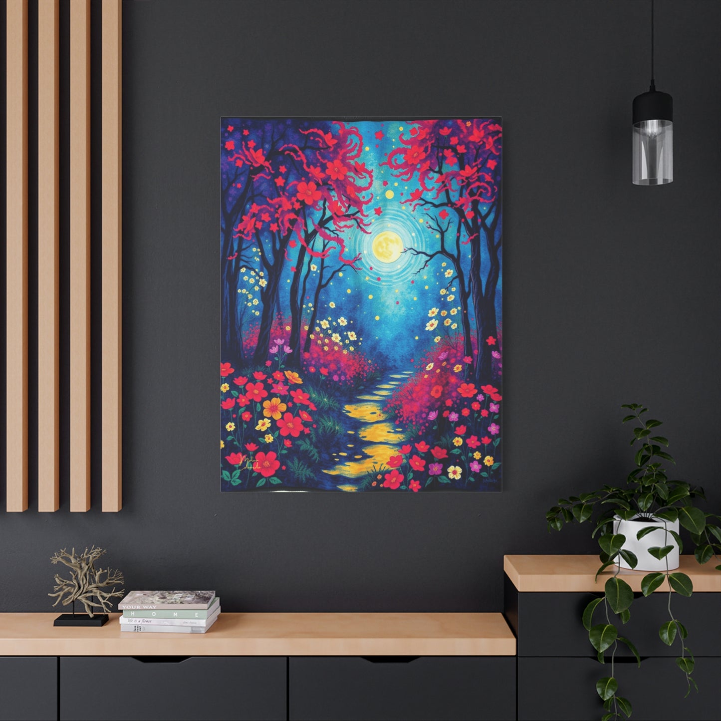 Crimson Bloom Moonlit Trail Canvas Art Print