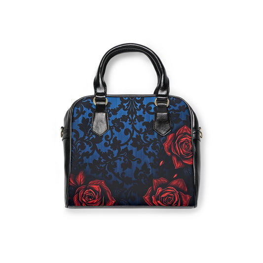 Copy of Sugar Candy Skull with Red Rose Shoulder Handbag showcases a detailed skull and vibrant roses on a dark backdrop.