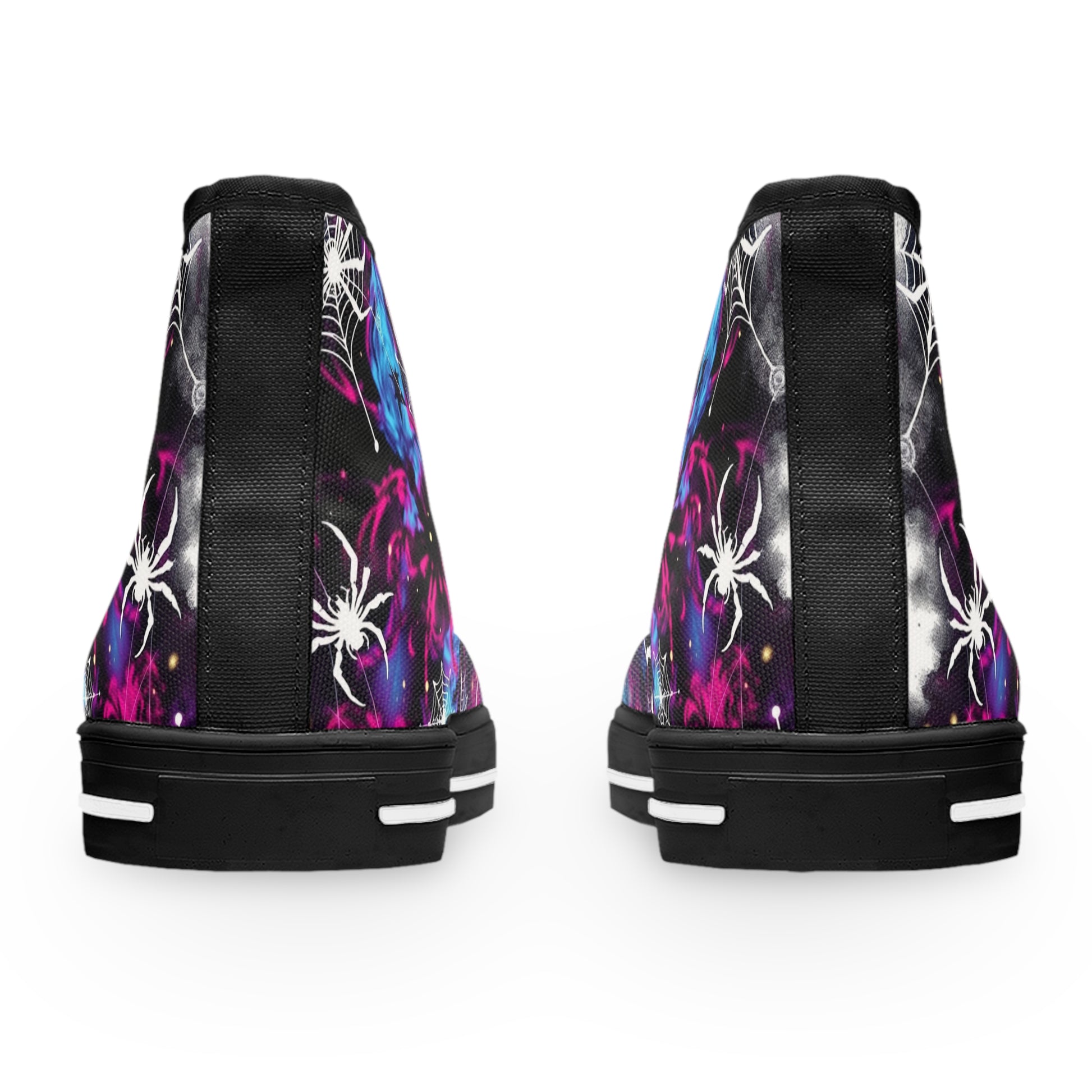 Cosmic Web Women's High-Top Sneakers - Embrace the Mystical Universe Within. ✨ Showcasing a vibrant galaxy and spiderweb design.