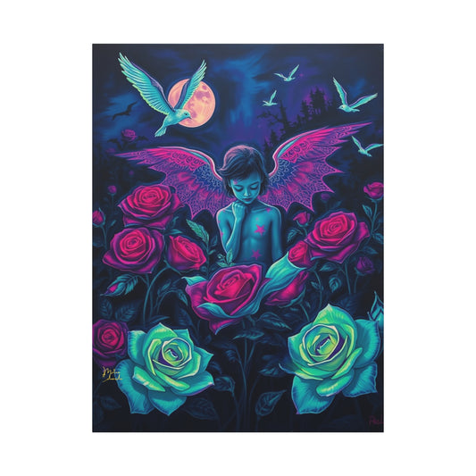 Moonlit Winged Child Rose Canvas Art Print