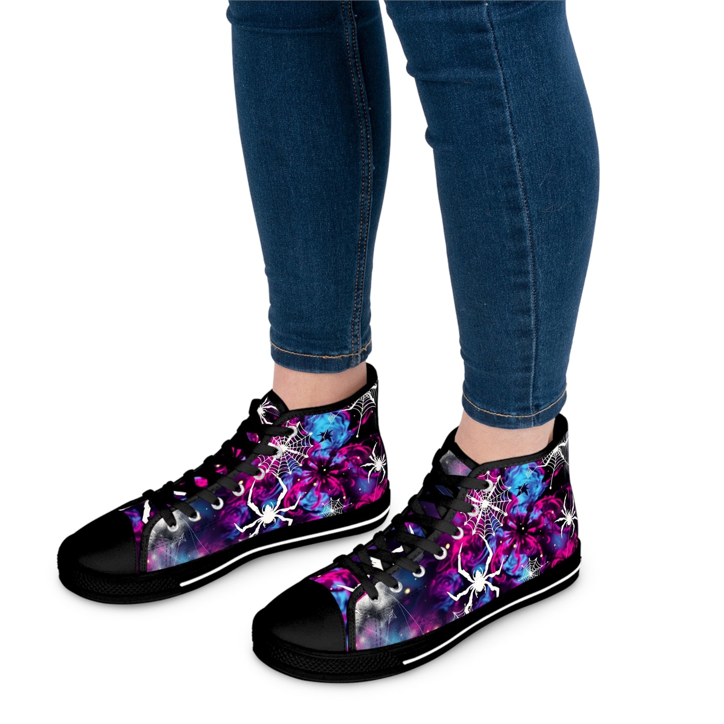 Cosmic Web Women's High-Top Sneakers - Embrace the Mystical Universe Within. ✨ Stylish canvas sneakers with cosmic print.