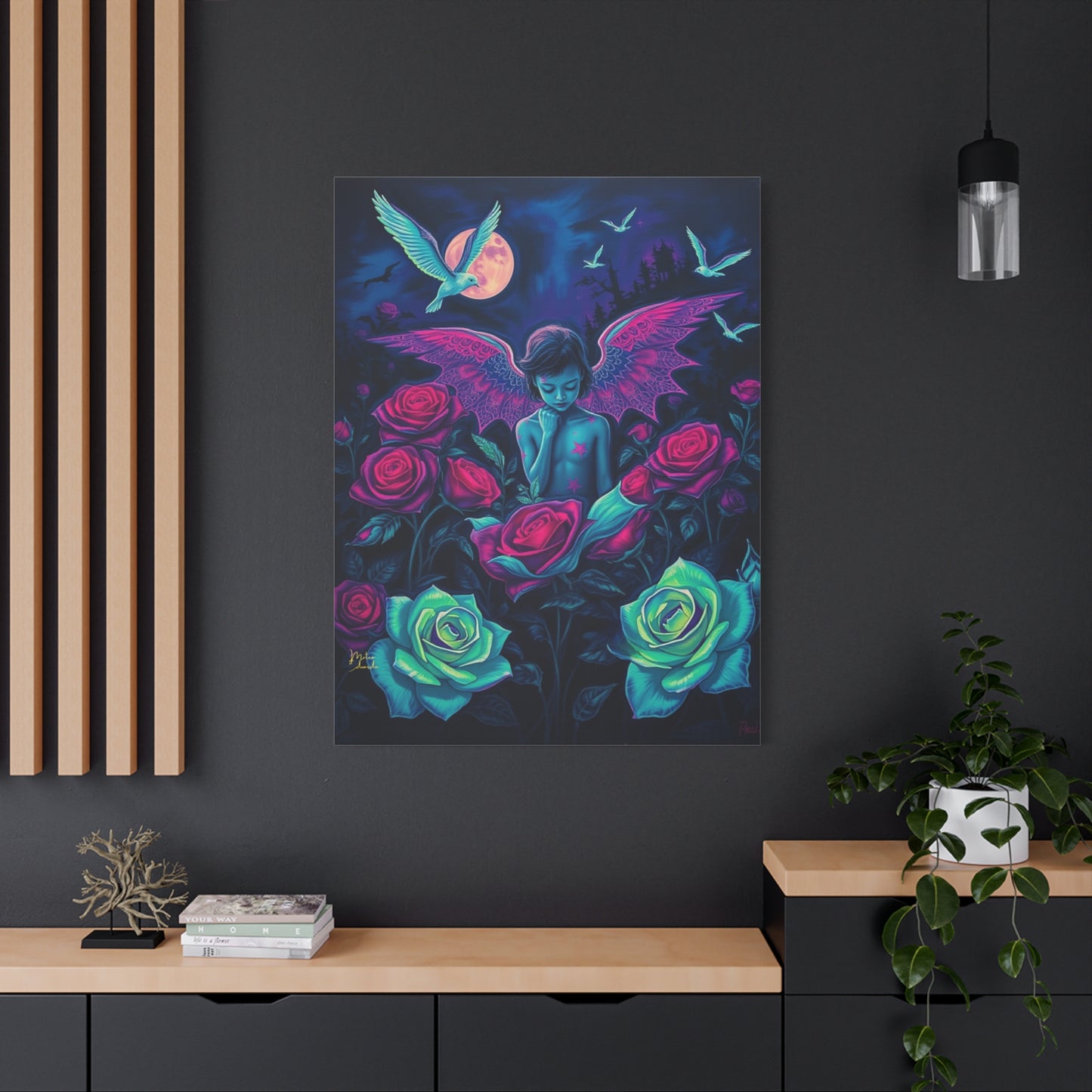 Moonlit Winged Child Rose Canvas Art Print