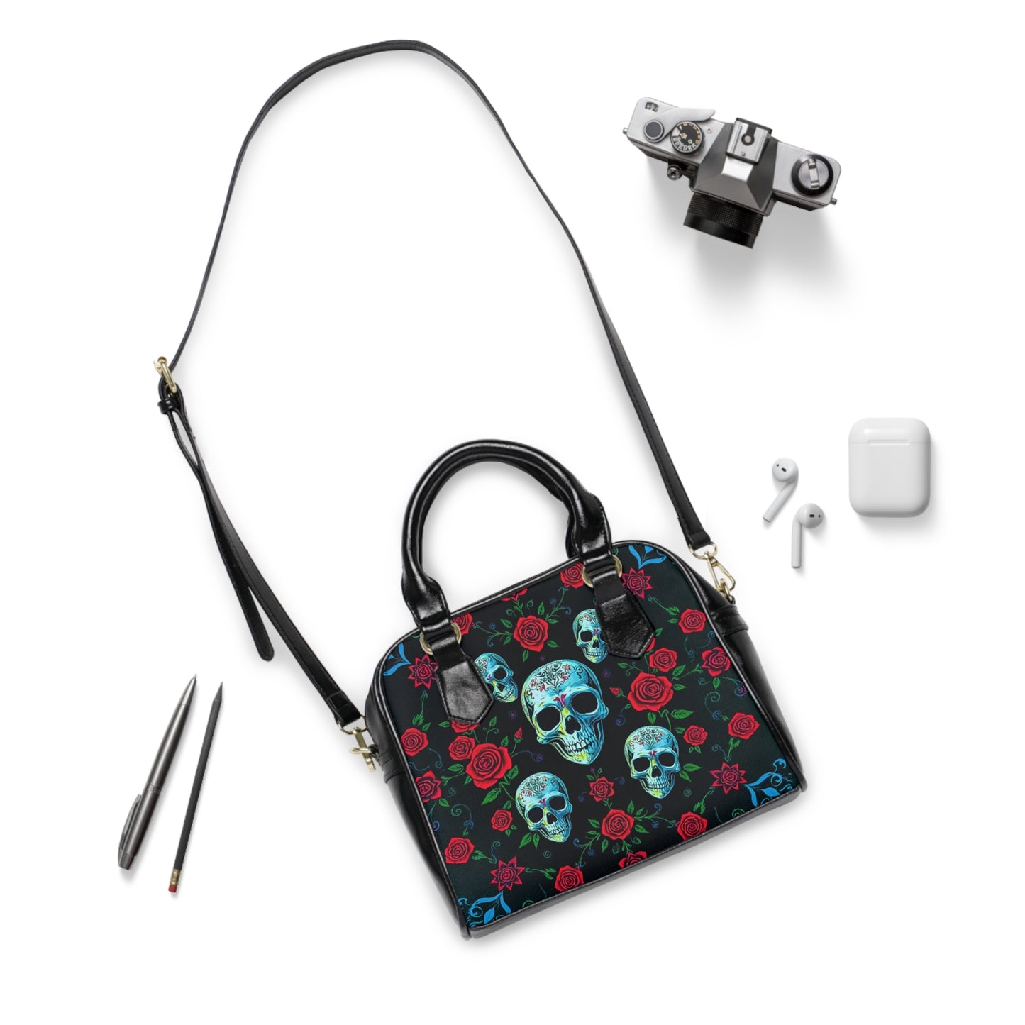 Sugar Candy Skull with Red Rose Shoulder Handbag