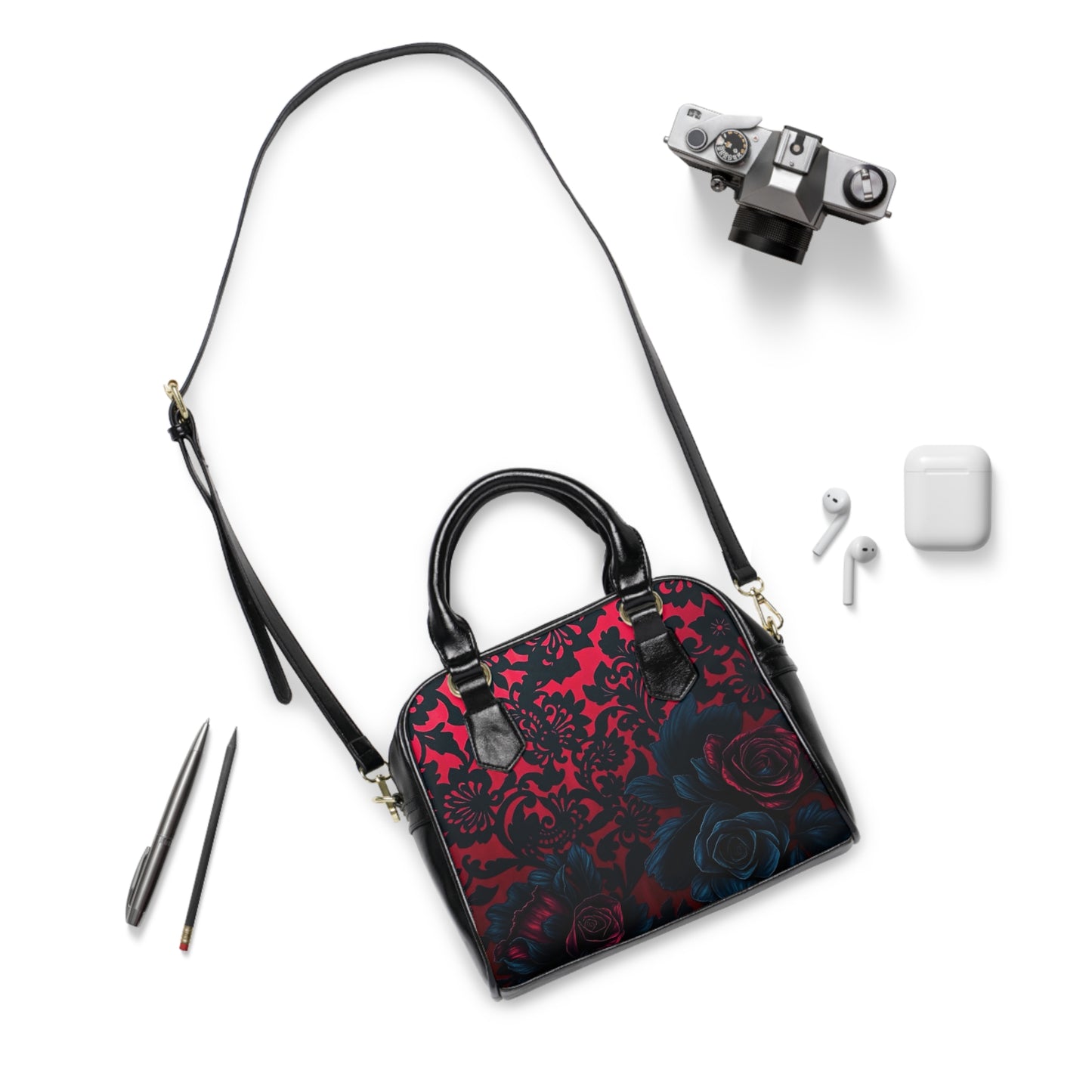 Midnight Bloom Damask Shoulder Handbag