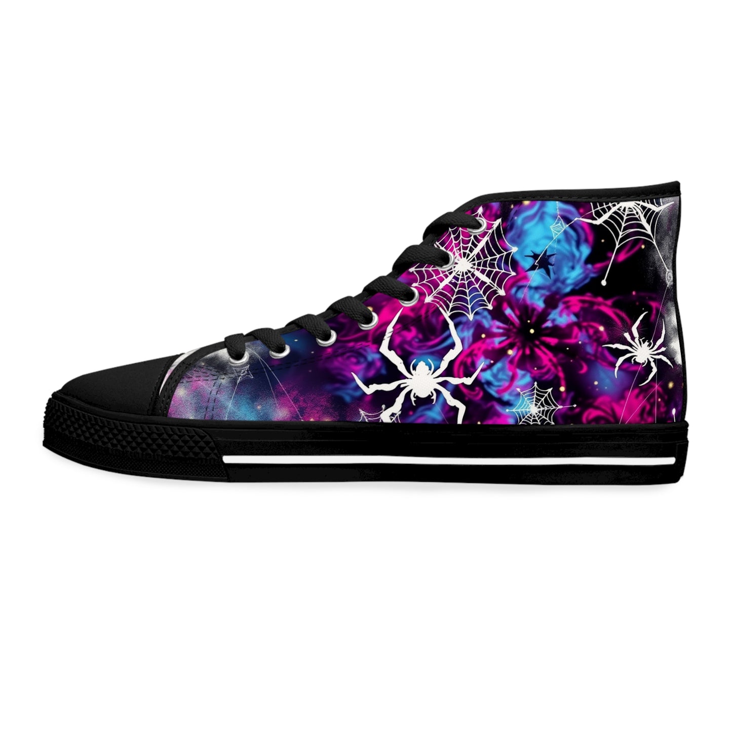 Cosmic Web Women's High-Top Sneakers - Embrace the Mystical Universe Within. ✨ Featuring a stunning cosmic spiderweb design.