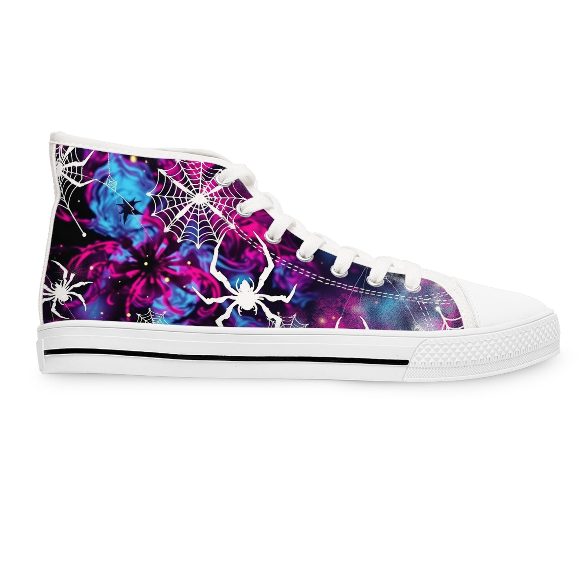 Cosmic Web Women's High-Top Sneakers - Embrace the Mystical Universe Within. ✨ Stylish sneakers with cosmic galaxy print and spiderwebs.