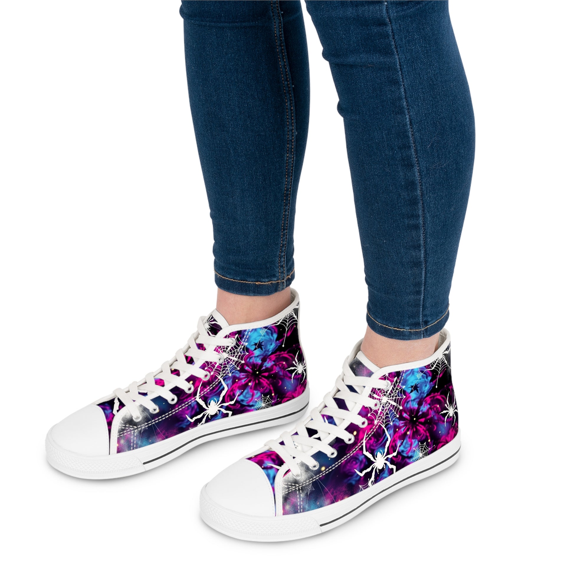 Cosmic Web Women's High-Top Sneakers - Embrace the Mystical Universe Within. ✨ Stylish galaxy print with spiderweb design.