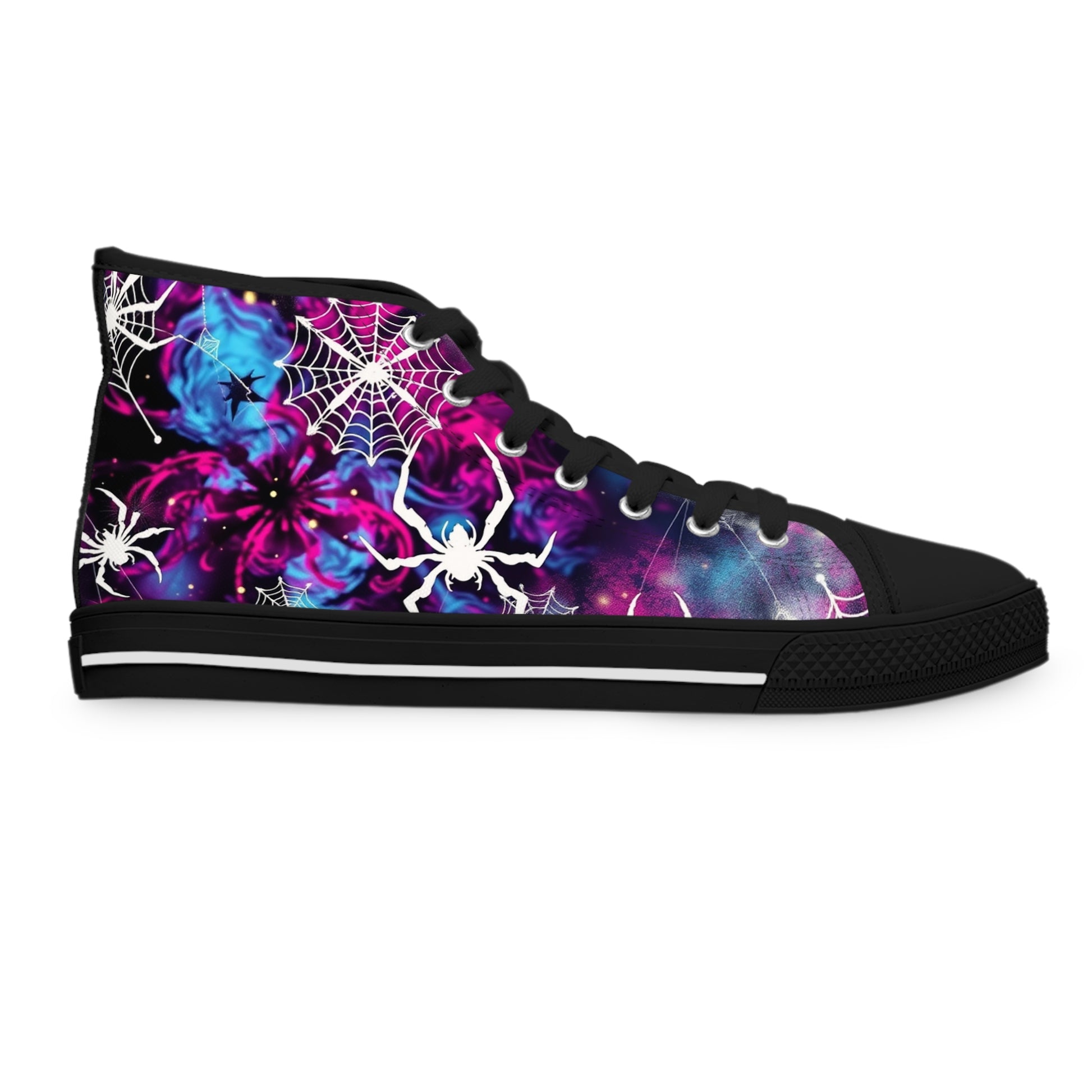 Cosmic Web Women's High-Top Sneakers - Embrace the Mystical Universe Within. ✨ Explore stylish galaxy and spiderweb designs.