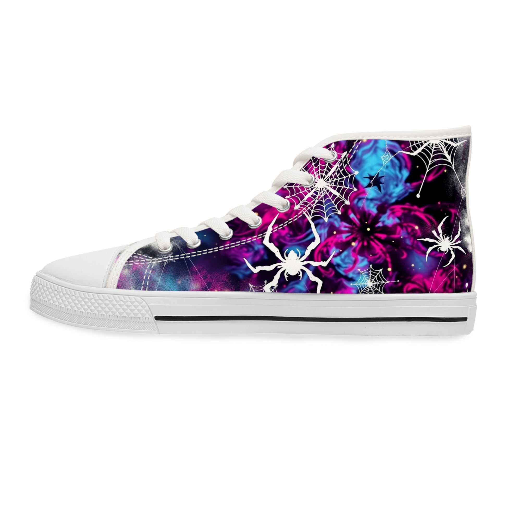 Cosmic Web Women's High-Top Sneakers - Embrace the Mystical Universe Within. ✨ Stylish sneakers with cosmic galaxy and spiderweb design.