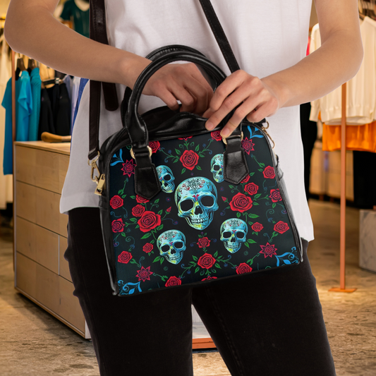 Sugar Candy Skull with Red Rose Shoulder Handbag